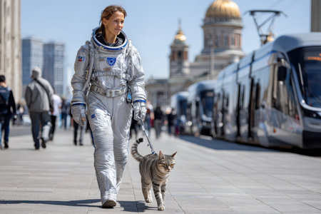 A woman dressed in a full astronaut suit walks her cat along a city street with tall buildings around.の写真素材