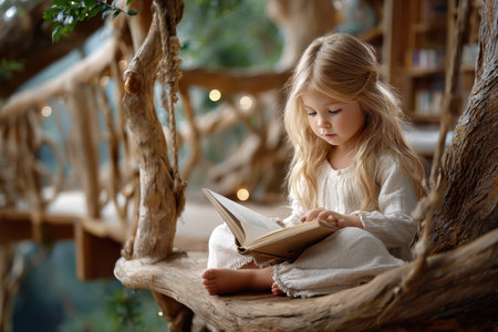 A girl with long hair reads quietly in a treehouse, surrounded by greenery and soft natural light.の写真素材
