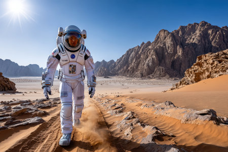 An astronaut walks through a sandy desert terrain with mountains in the background, showing an alien atmosphere.の素材