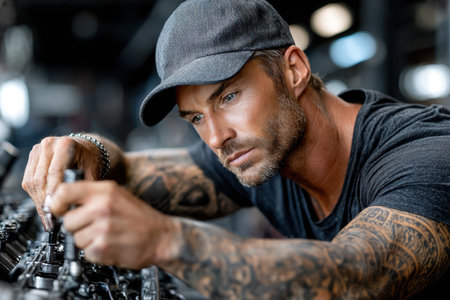 A mechanic with tattoos focuses on repairing an engine part in a well-lit workshop, showing craftsmanship.の素材
