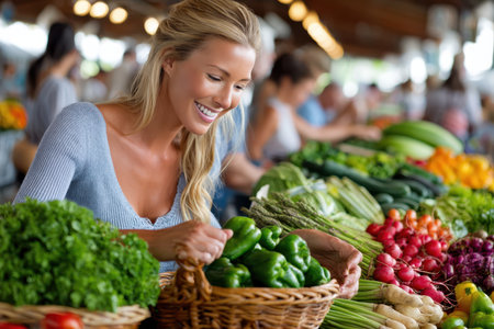 A woman happily chooses vibrant vegetables in a bustling market, enjoying the lively atmosphere and fresh offerings.の素材