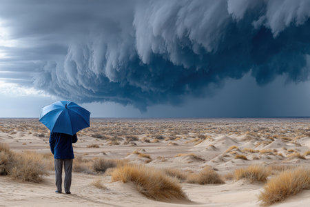 A person stands in a sandy desert, holding a blue umbrella as dark clouds roll in from the horizon, signaling a storm.の素材