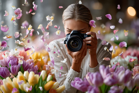 A woman with a camera takes pictures in a flower shop surrounded by blooming tulips and petals drifting.の素材
