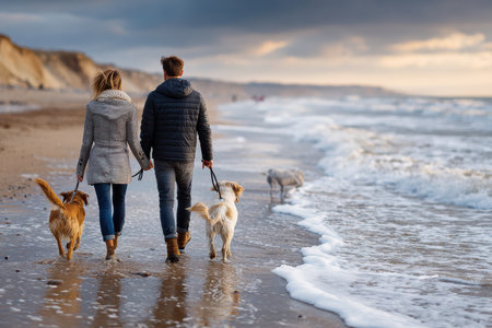 A couple walks along the shoreline with their two dogs, enjoying the calming waves and sunset light.の素材