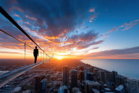 A person stands on a thin edge high above the city, enjoying a stunning sunset with ocean views.の素材