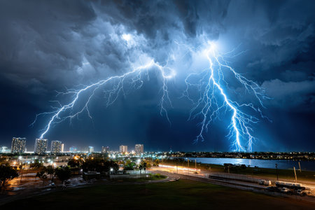 Lightning strikes illuminate a city skyline at night during a thunderstormの素材