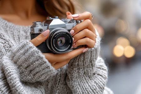 A person with elegantly styled nails holds a vintage camera while dressed warmly in a knit sweater outdoors.の素材