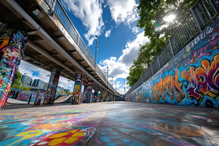 A vibrant graffiti wall in an urban setting, under harsh, afternoon light, captured through a wide-angle lens, with a skateboarder passing byの素材