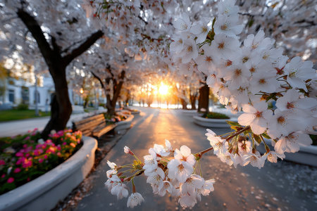 White flowers on a branch overhanging a tranquil park path at sunsetの素材