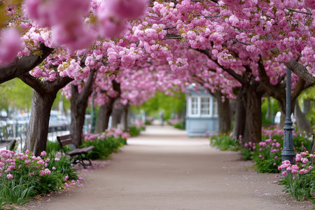 A path winds through a park lined with blooming pink cherry treesの素材