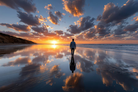 A man standing on a deserted beach at sunset, under warm, soft light, shot with a wide-angle lens, the man's reflection is walking in the opposite directionの素材