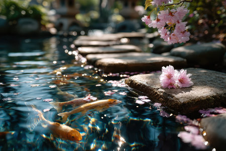 Koi fish swim in a pond with fallen cherry blossoms and stepping stonesの素材