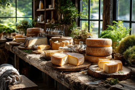 Various cheeses displayed on a rustic wooden table near a sunlit windowの素材