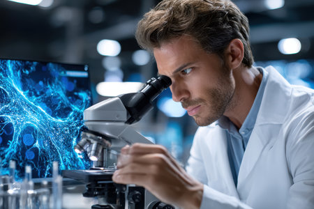 A focused scientist studies samples under a microscope in a modern research laboratory setting.の素材
