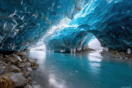 A turquoise river flows through an icy cave beneath a glacierの素材