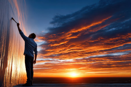 A person stands against a glass wall, painting as the sun sets, casting colorful hues across the sky.の素材