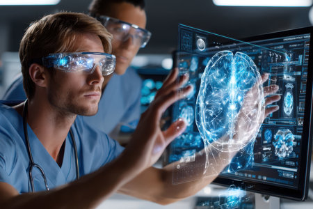 Two medical professionals engage with advanced technology to study brain data in a high-tech laboratory.の素材