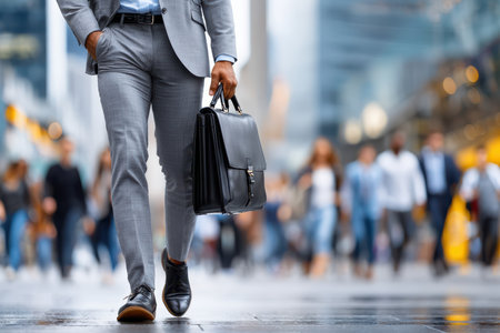 A well-dressed individual heads to work in a busy city, carrying a briefcase on a lively street.の素材