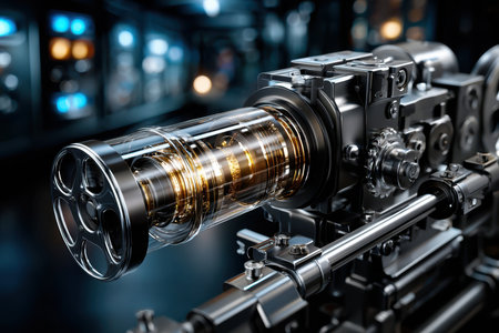 An intricate camera features a transparent lens and mechanical parts, highlighting advanced filming technology.の素材