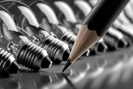 A pencil is poised above a series of light bulbs, highlighting creativity and innovation in design.の素材