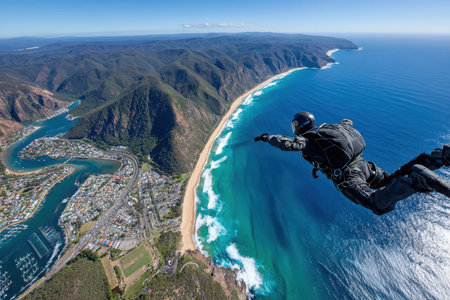 A skydiver leaps from a high altitude, soaring over a picturesque coastline with blue waters and green hills.の素材