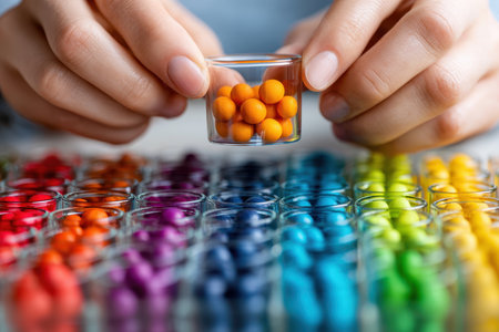 Hands hold a small glass container filled with orange beads above a vibrant layout of beads in various colors.の素材