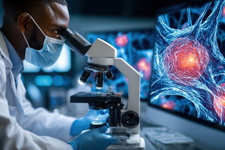 A scientist investigates neural cell structures using a microscope in a high-tech lab environment.の素材