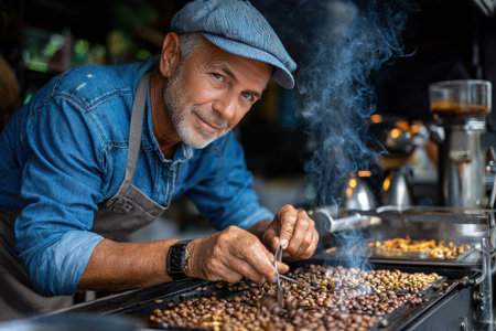 A man in a cap roasts coffee beans over an open flame at a lively market, surrounded by smoke and aromas.の素材