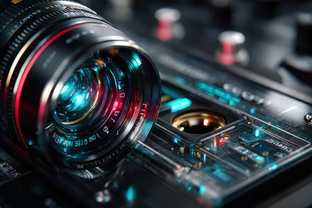 A detailed close-up shows a camera lens resting on a recording device with vibrant colors and intricate details.の素材