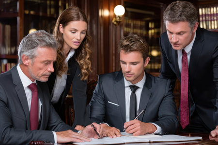 Four lawyers collaborate on legal documents at a law firm, focused on negotiations and strategies.の素材