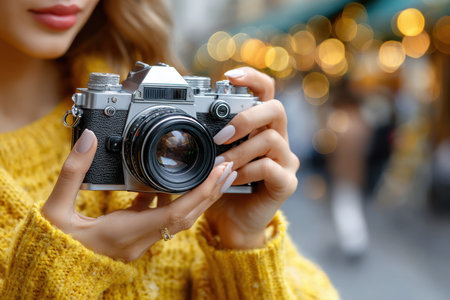 A woman in a cozy yellow sweater captures moments with a vintage camera on a bustling street.の素材