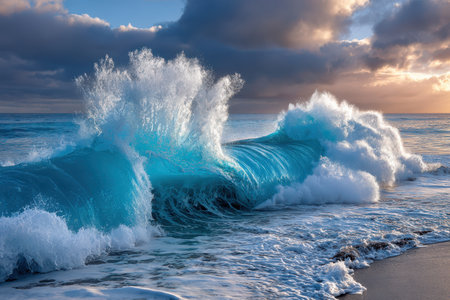 A turquoise ocean wave crashes on a sandy beach at sunriseの素材