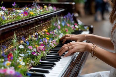 A musician plays a beautifully decorated piano covered in colorful spring flowers, bringing joy to the audience.の素材
