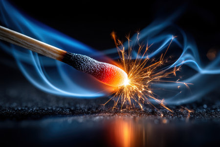 A close-up of a match being struck, under dramatic, focused light, with a sudden sparkの素材
