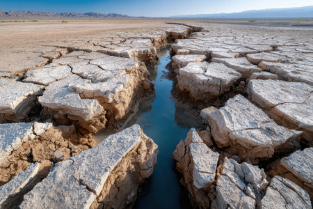 Cracked earth texture with water flowing through crevices in a dry lake bedの素材