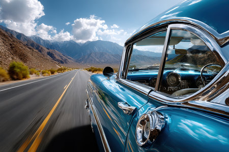 A vintage car speeding down a desert highway, shot at high noon with a polarized lens, embodying the spirit of freedom and adventureの素材