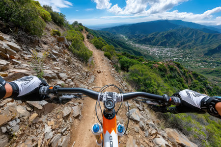 A mountain biker descends a rocky trail overlooking a scenic valleyの素材
