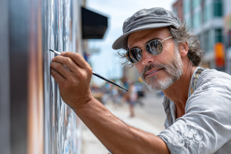 A mature artist paints a mural in an urban outdoor settingの素材