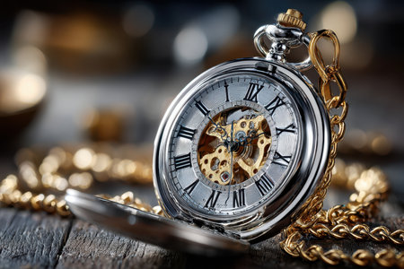A silver pocket watch with a gold chain rests open on a dark wooden surfaceの素材
