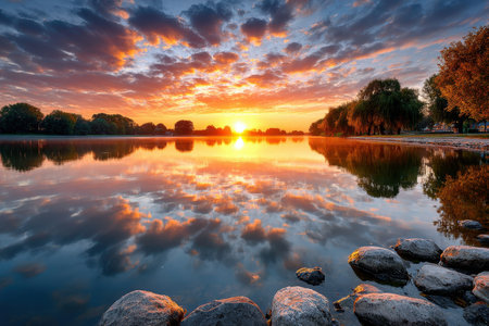 A serene lake reflects a vibrant sunrise sky with colorful cloudsの素材