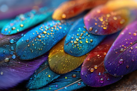 Closeup of colorful feathers with water dropletsの素材