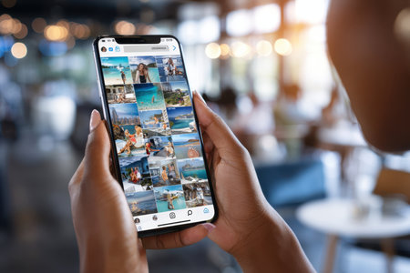 A person browses through travel photos on their smartphone in a vibrant cafe, enjoying the ambiance.の素材