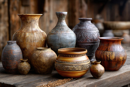 Handcrafted ceramic pots with intricate designs are neatly arranged on a rustic wooden table in a workshop.の素材