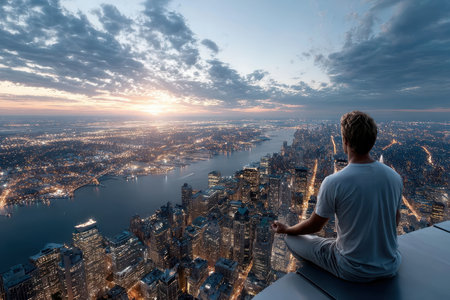 A person meditates peacefully at sunset, overlooking a vibrant city skyline and river below.の写真素材