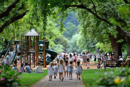A group of children walk towards a playground in a busy parkの写真素材