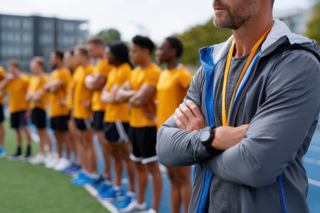 Coaches guide a lineup of athletes dressed in bright yellow jerseys on a sunny day at a training location.の素材