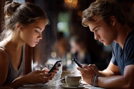 A young couple sits across from each other in a cafe, both focused on their smartphones while enjoying their drinks.の素材