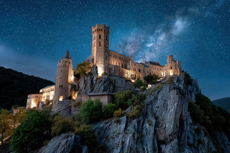 A castle stands proudly on a rocky hilltop, glowing under a vibrant night sky filled with stars.の素材