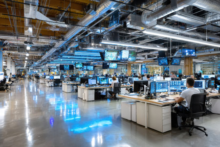 A bustling Silicon Valley tech office, showcasing innovation and teamwork, in bright, fluorescent lighting, using a wide-angle lens, with a sudden power outage., ultrarealistic photo --ar 3:2 --raw --profile nk3i4wf --stylize 250 --v 7 Job ID: dbfc9378-7b42-4497-83a8-7a10f66960b4の写真素材