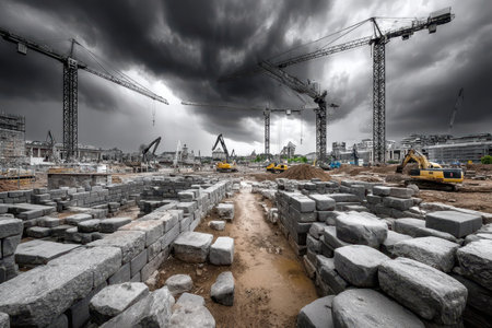Construction cranes loom over unearthed ancient ruins under a stormy skyの素材